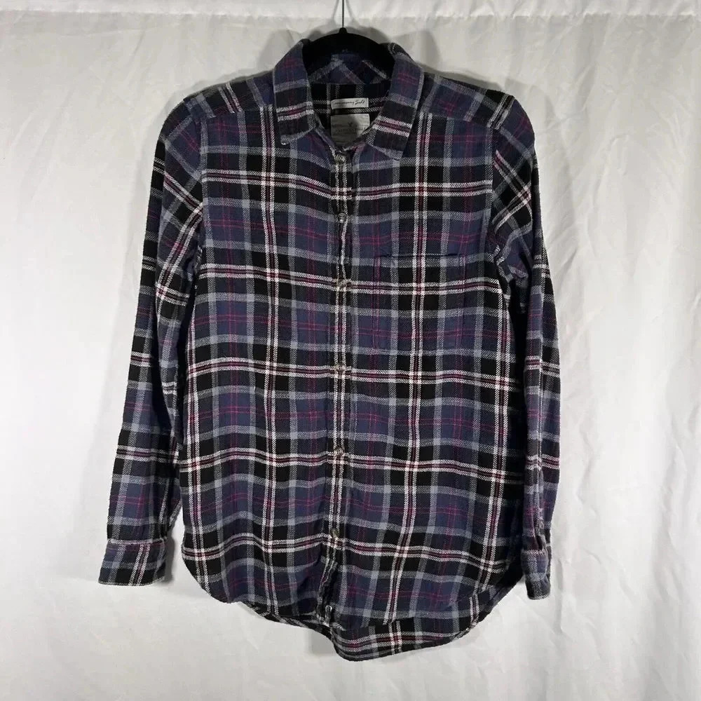 American Eagle Flannel Shirt Womens Small Blue Black Plaid Button Down
